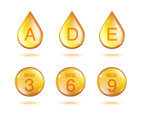 Conjunto de gotas de aceite de vitamina dorada - gotas aisladas de oro amarillo y cápsulas — Vector de stock