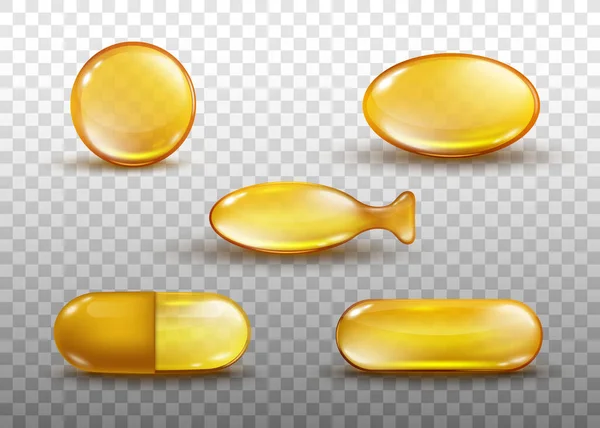 Gouden olie capsule set - realistische glanzende medicijnen pillen met goudgele visolie — Stockvector