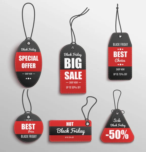 Zwarte en rode kleding prijskaartje set - grote verkoop, speciale aanbieding en beste keuze — Stockvector