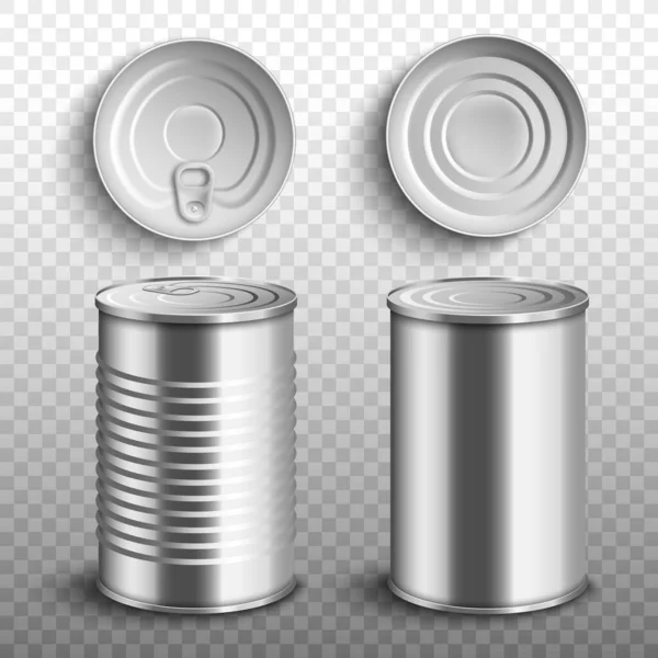 食品錫缶のセットトップとサイドビュー3Dリアルなベクトルイラスト孤立. — ストックベクタ