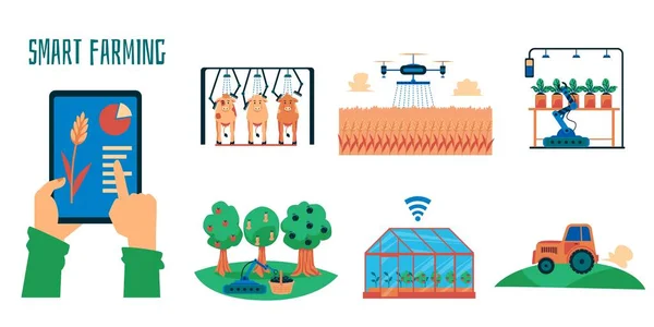 Conjunto de tecnologia de agricultura inteligente - sistema de automação agrícola com inovações modernas —  Vetores de Stock