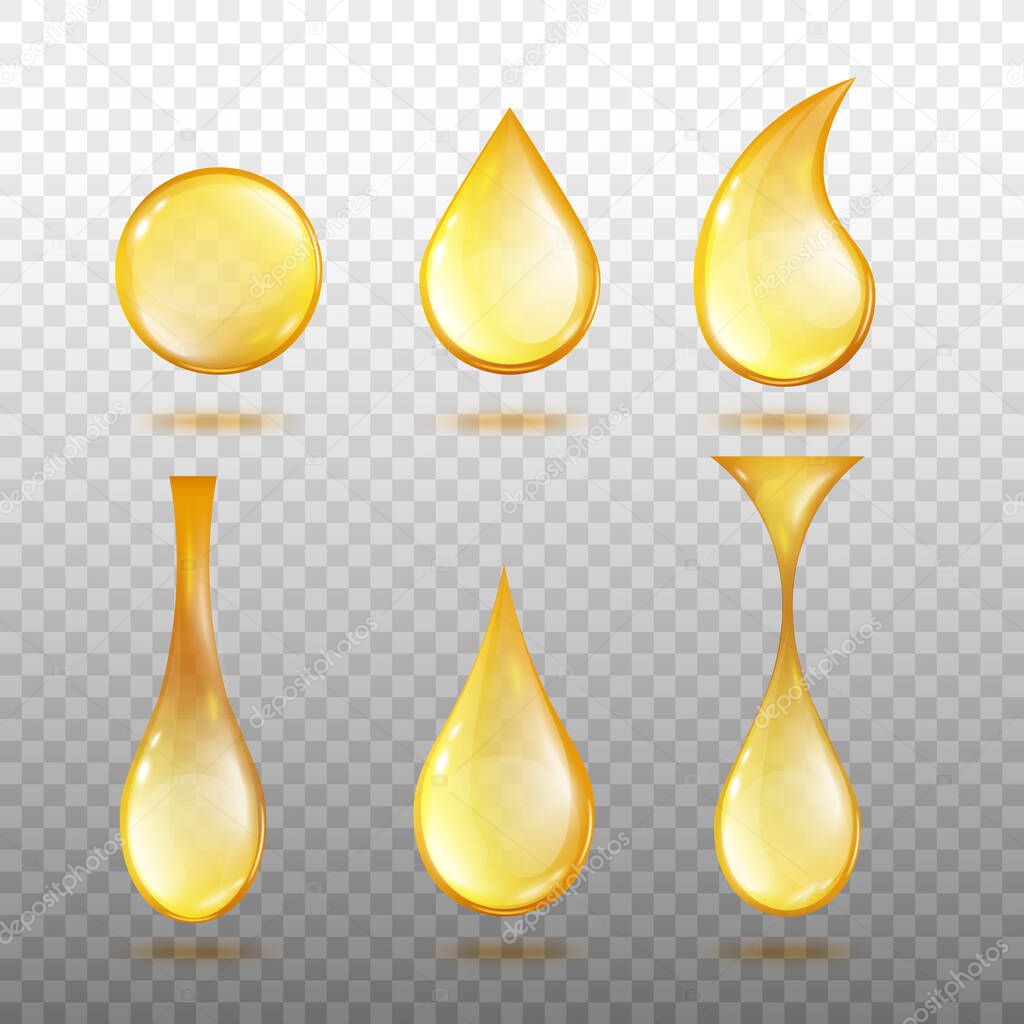 Realistic oil drop set with different shapes and golden yellow color