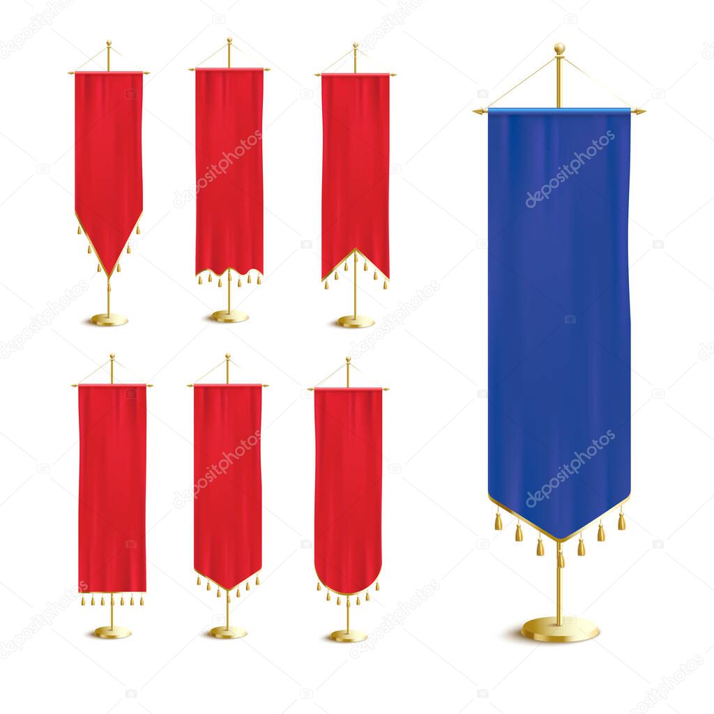 Red and blue medieval banner set with realistic silk fabric texture