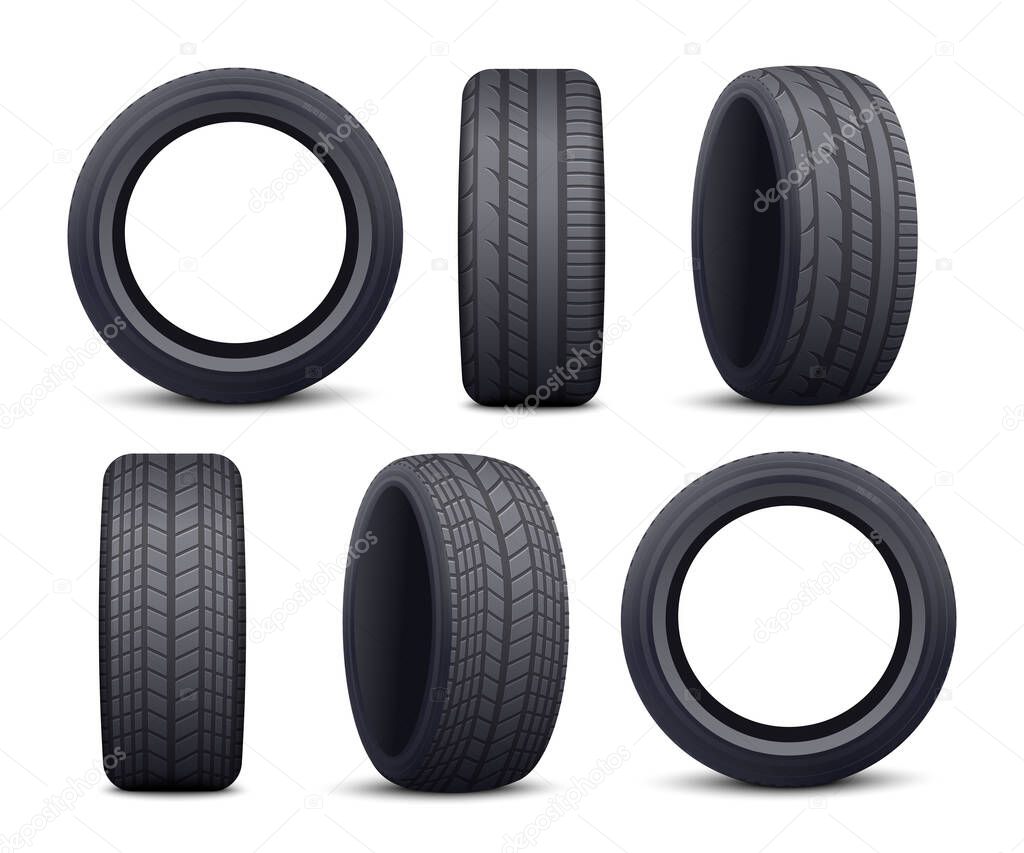 Realistic black car tire set isolated on white background - front and side view