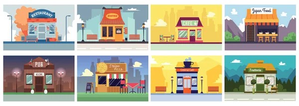 Café colorido e banner de construção de restaurante definido em estilo de desenho animado plano . — Vetor de Stock
