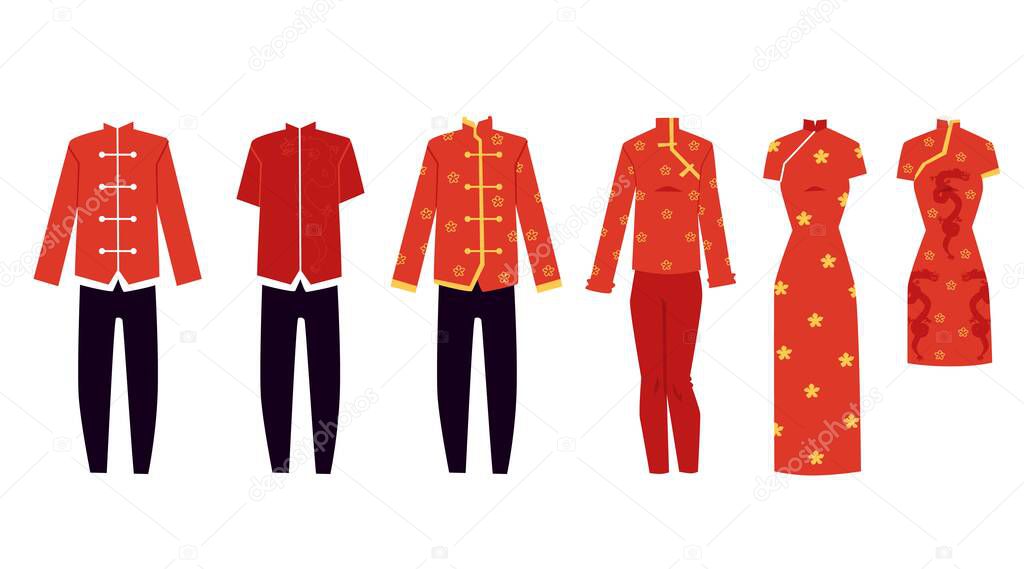 Chinese festive costumes for holiday set of flat vector illustrations isolated.