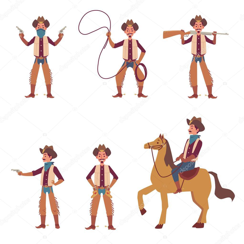 Cartoon cowboy set - riding a horse, pointing a gun and throwing lasso