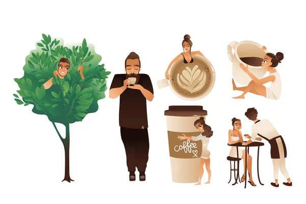 Kaffee-Set von Menschen Kaffeeliebhaber flache Cartoon-Vektor-Illustrationen isoliert. — Stockvektor