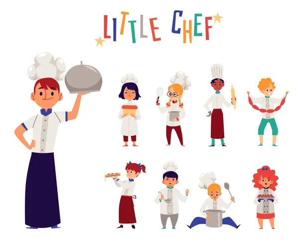 Σύνολο των παιδιών σεφ μαγειρεύει τα τρόφιμα επίπεδη απεικόνιση φορέα κινουμένων σχεδίων απομονωμένη. — Διανυσματικό Αρχείο