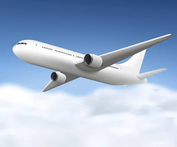 Realistické bílé letadlo létající na modré obloze s cloudsWeb — Stockový vektor