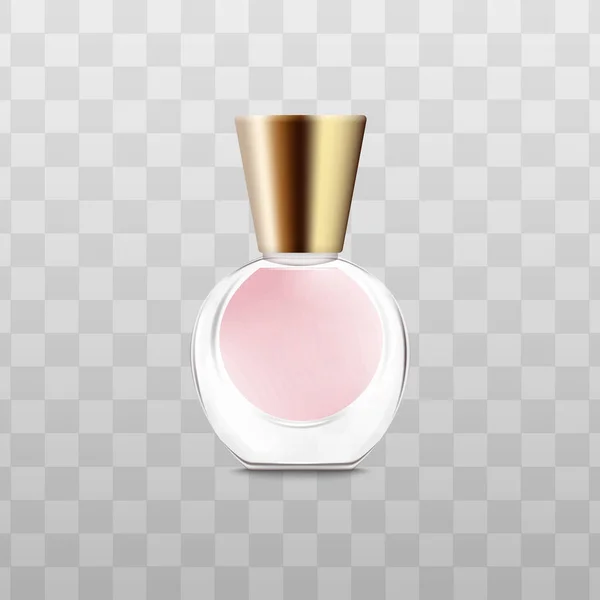 Pequeño frasco de perfume redondo con líquido de fragancia rosa y tapa dorada en forma de triángulo — Vector de stock