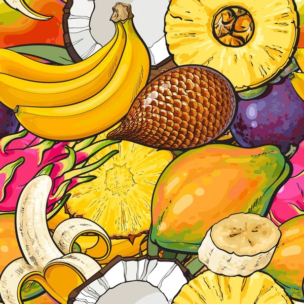Tropisch fruit naadloos patroon hand getekend kleurrijke exotische voedsel achtergrond met banaan, kokosnoot, papaja, draak fruit — Stockvector