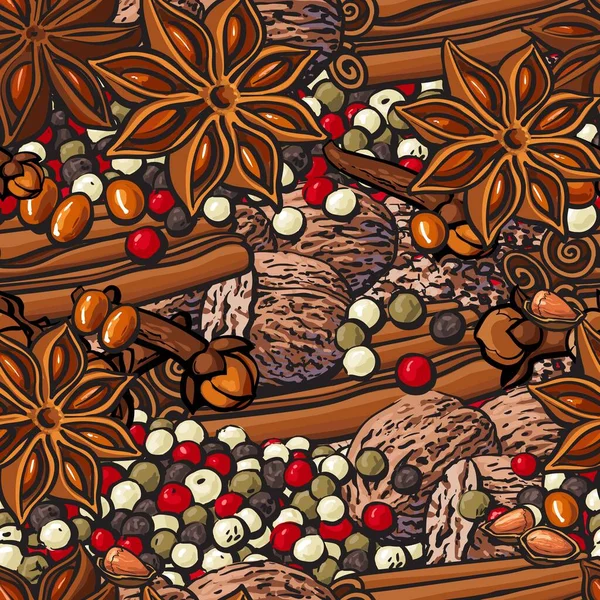 Herbes et épices motif sans couture ou fond alimentaire l'illustration vectorielle. — Image vectorielle