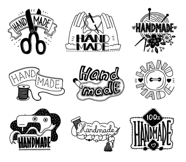 Handmade and craft black labels design set cartoon vector illustration isolated. — Stock Vector