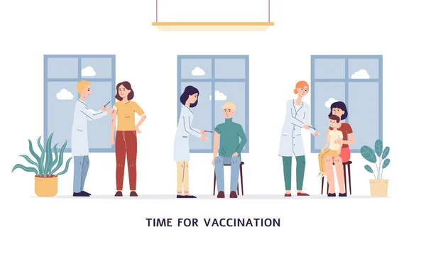 Dags för vaccinationsbanner med läkare som ger vaccin till patienter — Stock vektor