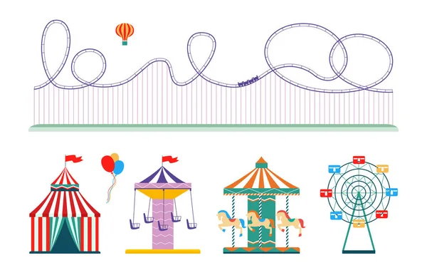 Parque de atracciones conjunto - montaña rusa plana aislada, carpa de circo, etc. . — Vector de stock