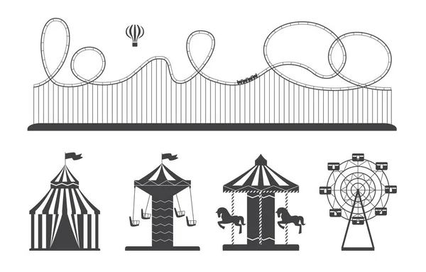 Conjunto de atracciones del parque de atracciones en blanco y negro - ilustración vectorial monocromática — Vector de stock
