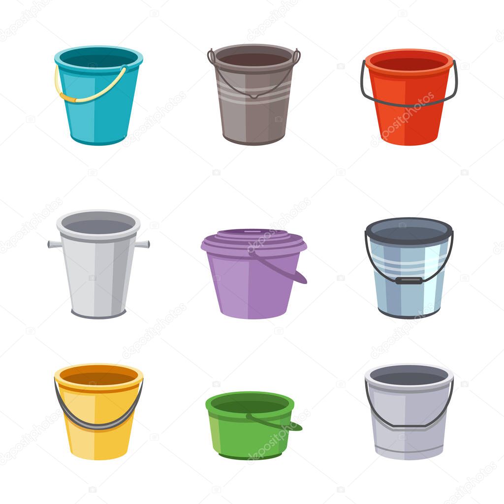 Metal and plastic buckets and pails set cartoon vector illustrations isolated.