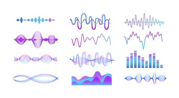 Music sound equalizer set - blue and purple gradient wave lines for audio track — Stock Vector