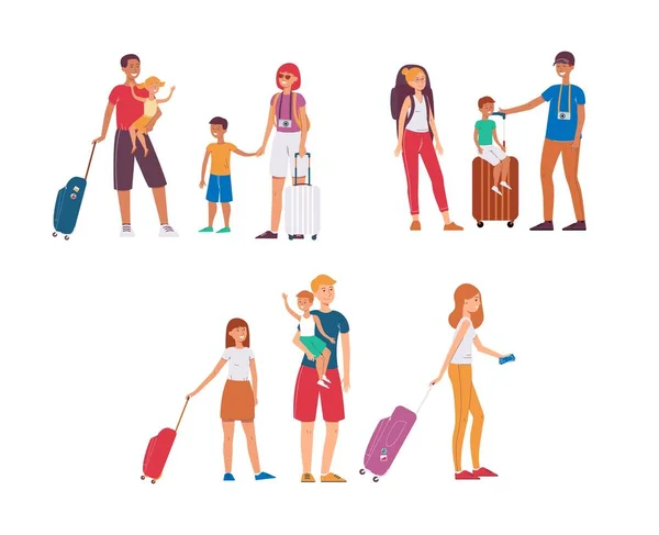 Viajes en familia y vacaciones en verano, padres e hijos, hombres y mujeres con bolsos y equipaje . — Archivo Imágenes Vectoriales