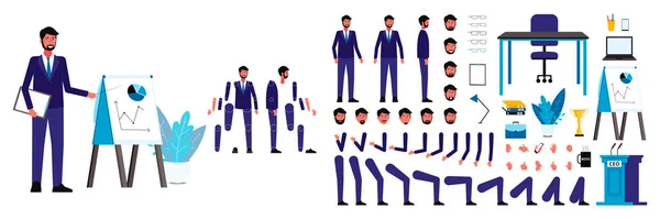 Ensemble de figures et le corps, la tête et les bras, les jambes et les visages d'un homme d'affaires PDG masculin pour l'animation. — Image vectorielle