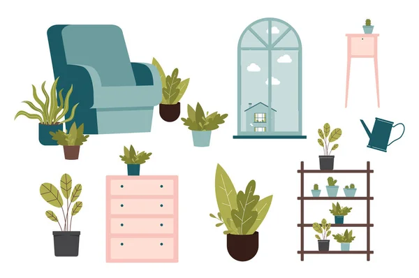 Conjunto de design de interiores da selva urbana - elementos de jardim doméstico em estilo cartoon —  Vetores de Stock