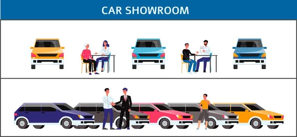 Автосалон - плоский мультиплікаційний набір автомобілів і людей в автомобільному дилерському центрі — стоковий вектор