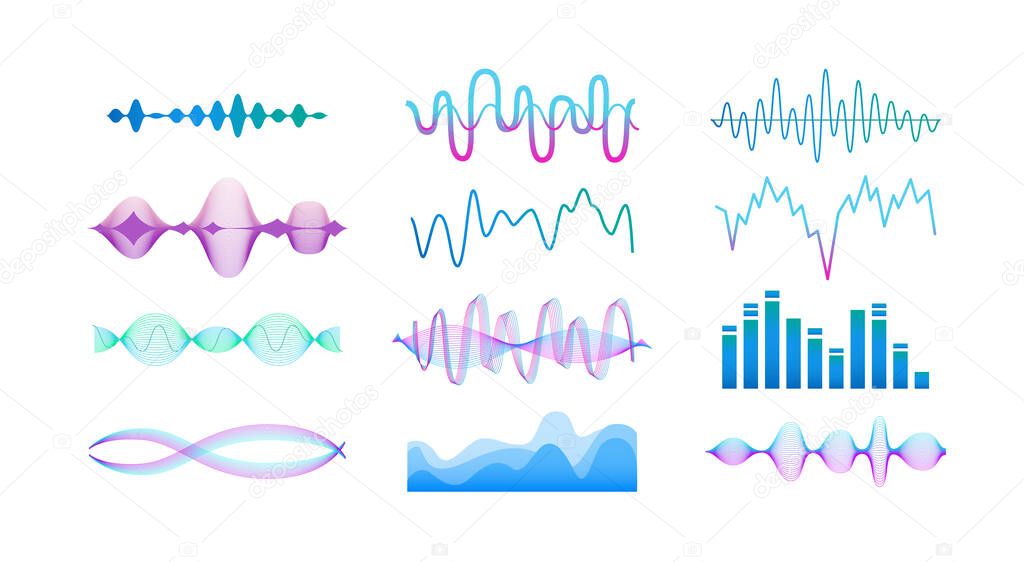Colorful sound equaliser set - modern dynamic music amplitude frequency shapes