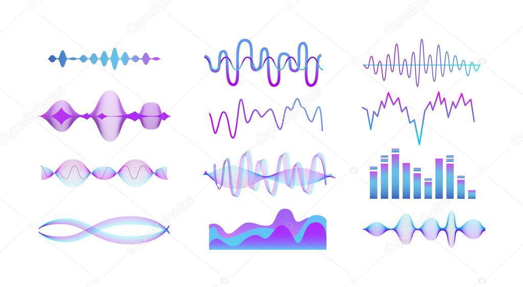 Music sound equalizer set - blue and purple gradient wave lines for audio track