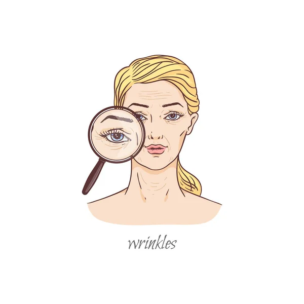 Kvinna med förstoringsglas på rynkig hud, skiss vektor illustration isolerad. — Stock vektor