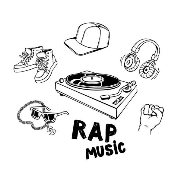 Rap conjunto de música con reproductor de discos de vinilo y varios rapero estilo de ropa y accesorios . — Vector de stock