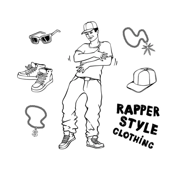 Estilo hip-hop ou rap definido com jovem e roupas e acessórios elegantes . —  Vetores de Stock