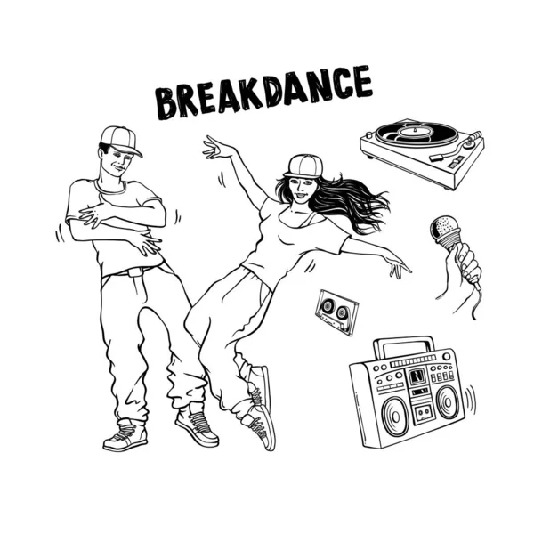 Breakdance styl set s mladým mužem a ženou tanec a různé hip-hop a rap hudebních hráčů. — Stockový vektor