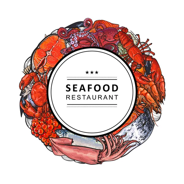 Illustrazione vettoriale del banner ristorante di pesce con vari animali acquatici commestibili e spezie. — Vettoriale Stock