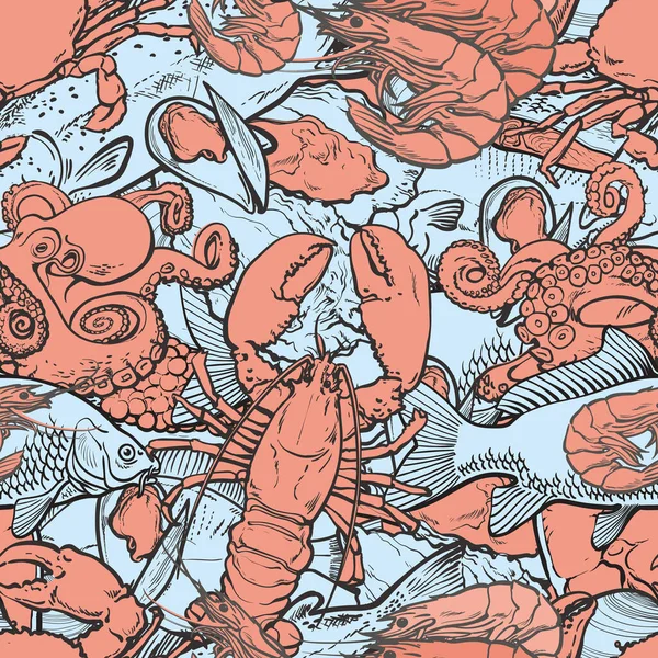 Ilustracja wektorowa owoców morza płynny wzór z różnymi jadalnymi zwierzętami morskimi. — Wektor stockowy