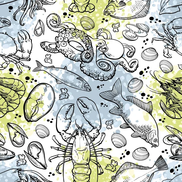 Vector sketch underwater animal sea food pattern — Stock Vector