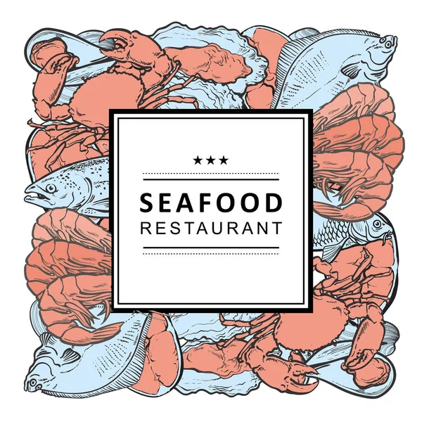 Illustrazione vettoriale del banner ristorante di pesce con vari animali acquatici commestibili. — Vettoriale Stock