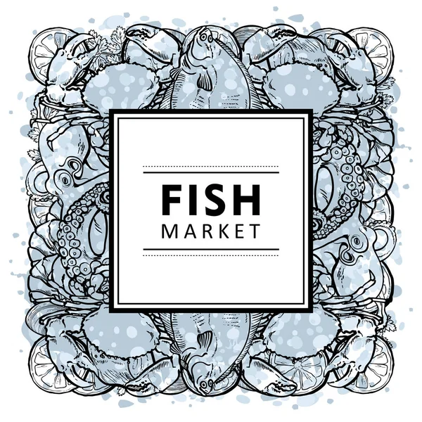Illustrazione vettoriale del banner del mercato del pesce con diversi animali marini commestibili. — Vettoriale Stock