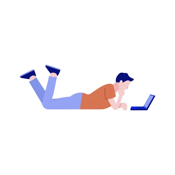 Cartoon menino deitado no chão perto do laptop — Vetor de Stock