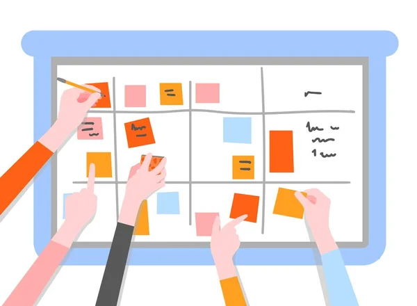 Scrum Task Board concept avec les mains humaines tenant des papiers adhésifs colorés et des marqueurs. — Image vectorielle