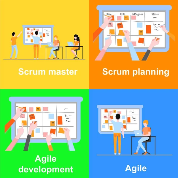 Scrum planification du travail d'équipe sur les bannières de développement logiciel ensemble. — Image vectorielle