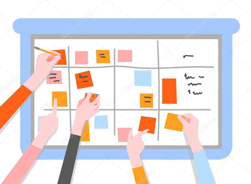 Scrum task board concept with human hands holding colorful sticky papers and markers.