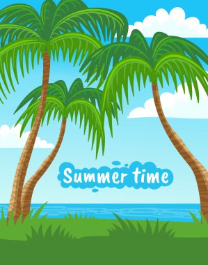 Yaz zamanı tatil manzarası ya da afiş şablonu, düz vektör çizimi.
