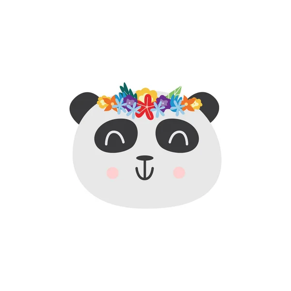 Cabeza de panda en etiqueta engomada o parche de corona de flores, ilustración vectorial plana aislada . — Vector de stock