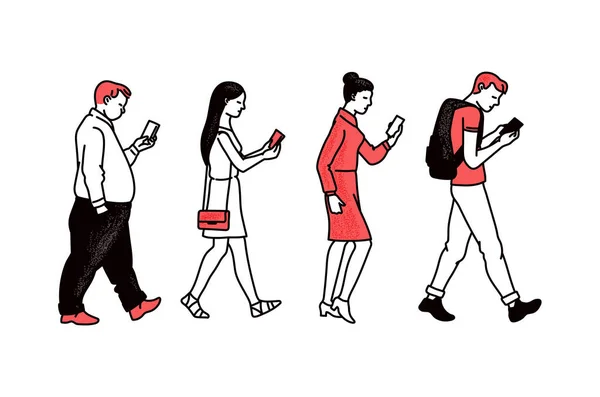 Zijaanzicht van mensen die lopen terwijl ze naar het mobiele telefoonscherm kijken — Stockvector