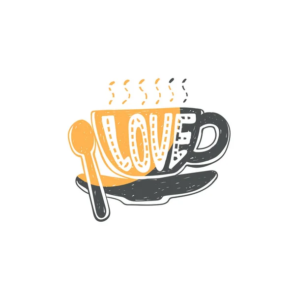 Kaffeetasse Silhouette mit Wort Liebe Cartoon Vektor Illustration isoliert. — Stockvektor