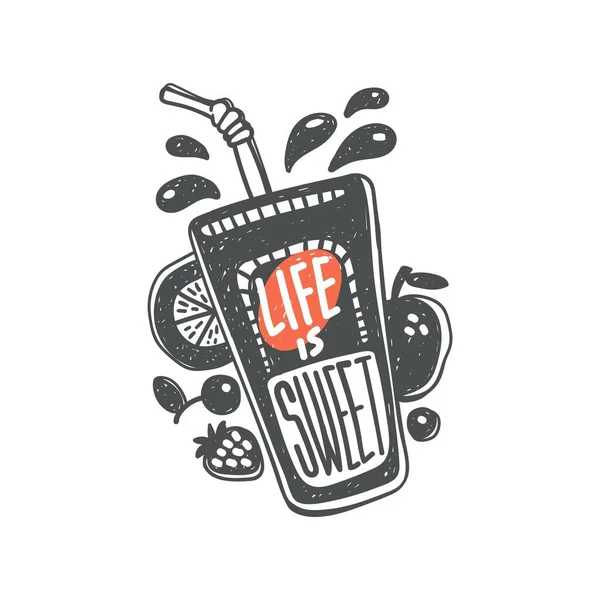 La vida es dulce cita de cocina en la caja de cócteles de frutas y bayas con paja — Vector de stock