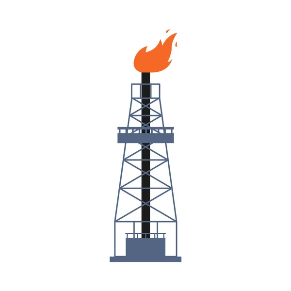 Ölbohrinsel Turm Symbol mit Flamme flachen Vektor Illustration isoliert. — Stockvektor