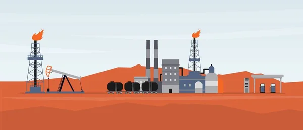 Paesaggio con sito di produzione e raffinazione di petrolio, illustrazione vettoriale piatta. — Vettoriale Stock
