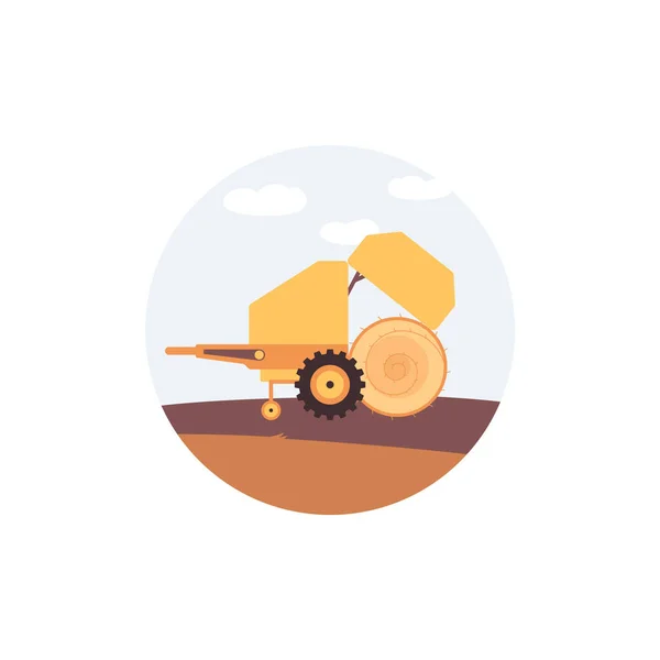 Round hay baler rolling bale on field - yellow farm machinery trailer — Stock Vector